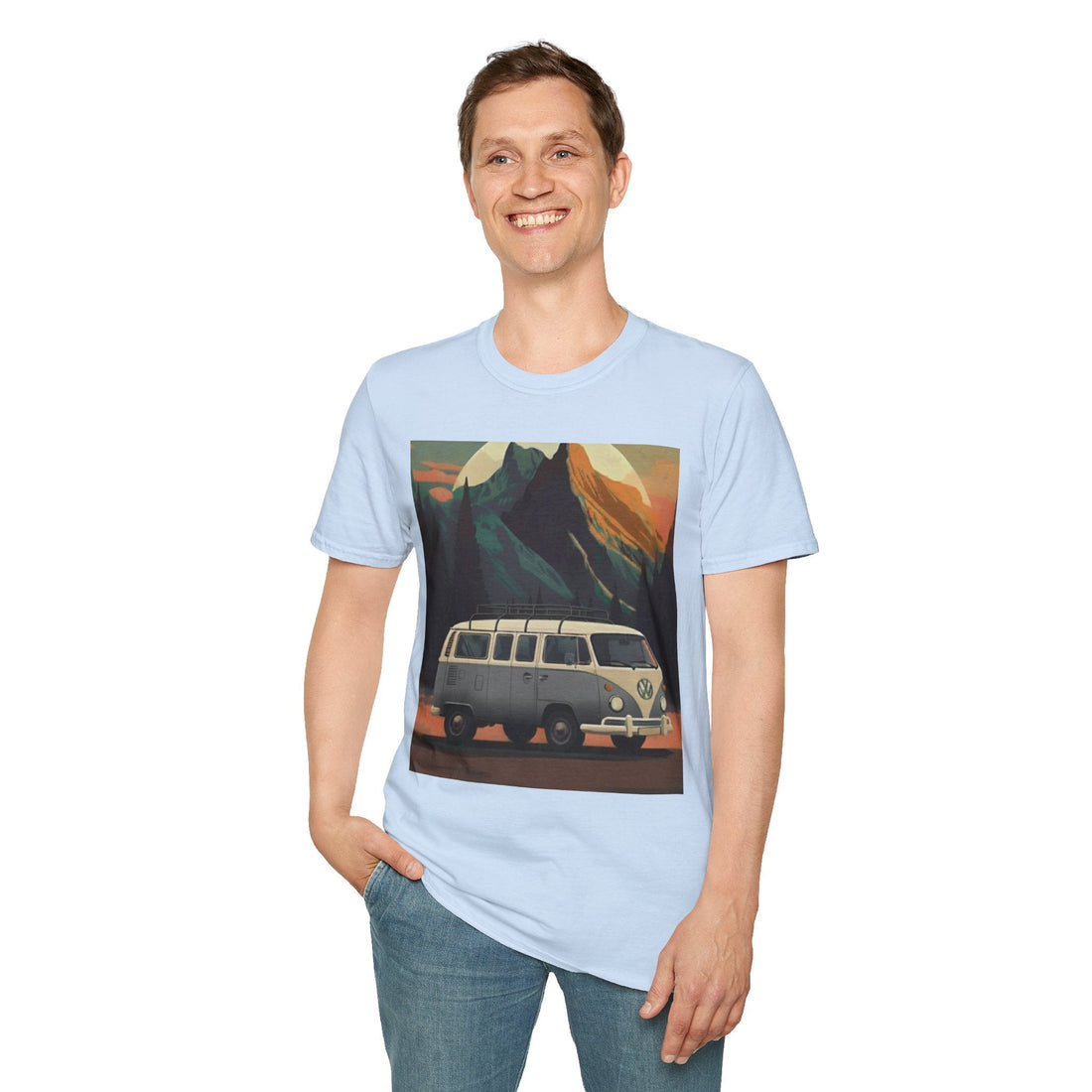 Model wearing light blue graphic t-shirt with vintage car print and jeans
