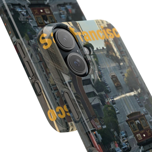 Phone case featuring San Francisco cable car photograph on steep city street