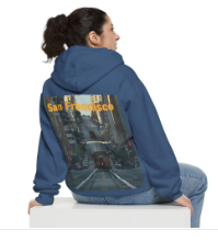 Person wearing a blue San Francisco hoodie, showcasing comfortable and stylish hoodie design