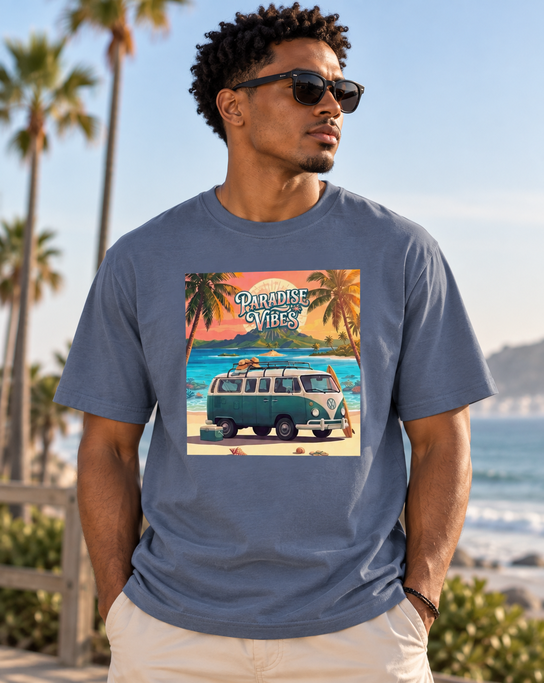 Unisex Beach Van T-Shirt — "Paradise Vibes" Surf Camper Graphic Tee
