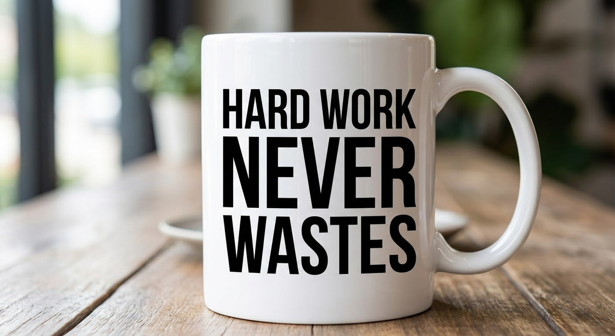 Ceramic Mug — Bold Text "Hard Work Never Waits" Motivational Coffee Cup (11oz, 15oz)